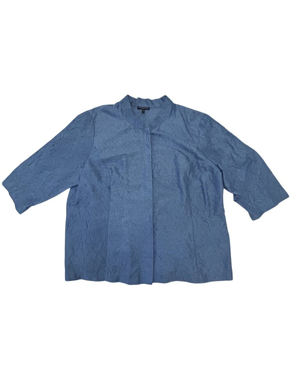 Eileen Fisher Woman Crinkled Silk Top Blue Mandarin Collar 3/4 Sleeve 1X
